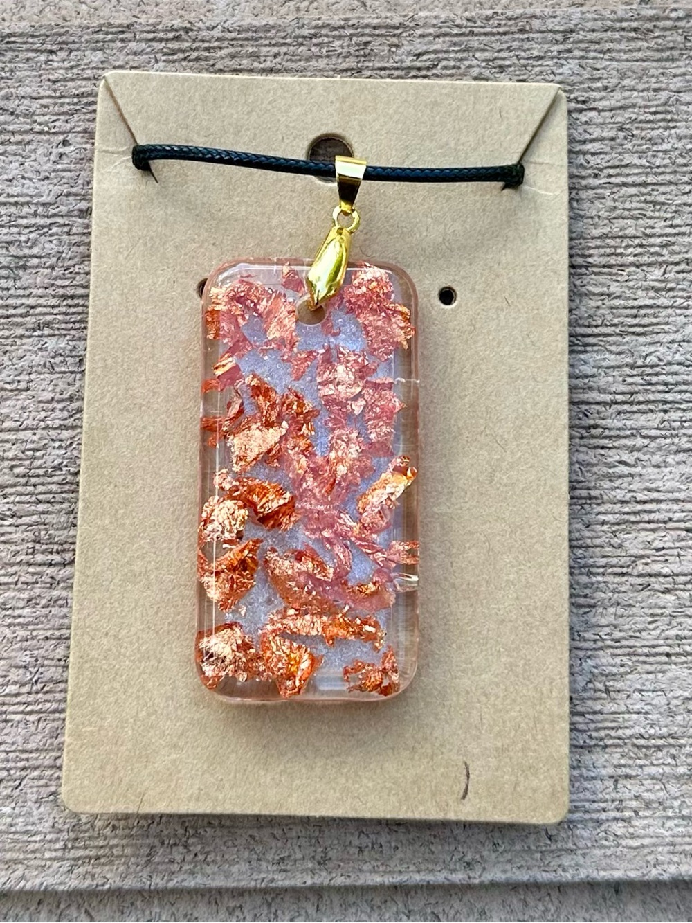 Clear Rectangular Pendant Necklace with Rose Gold Leaf Accents - Unbranded